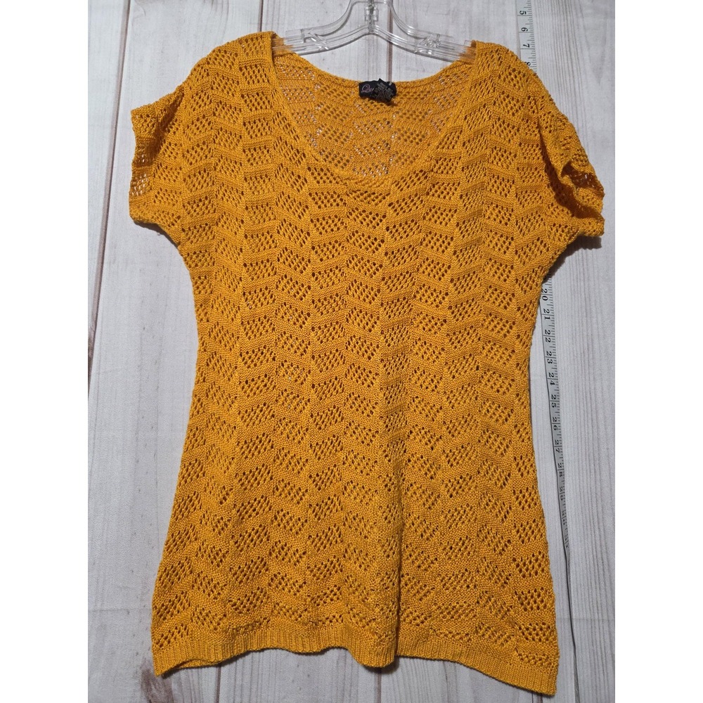 Questions by Say What? Mustard Yellow Pointelle Knit V-Neck Top Large Fall